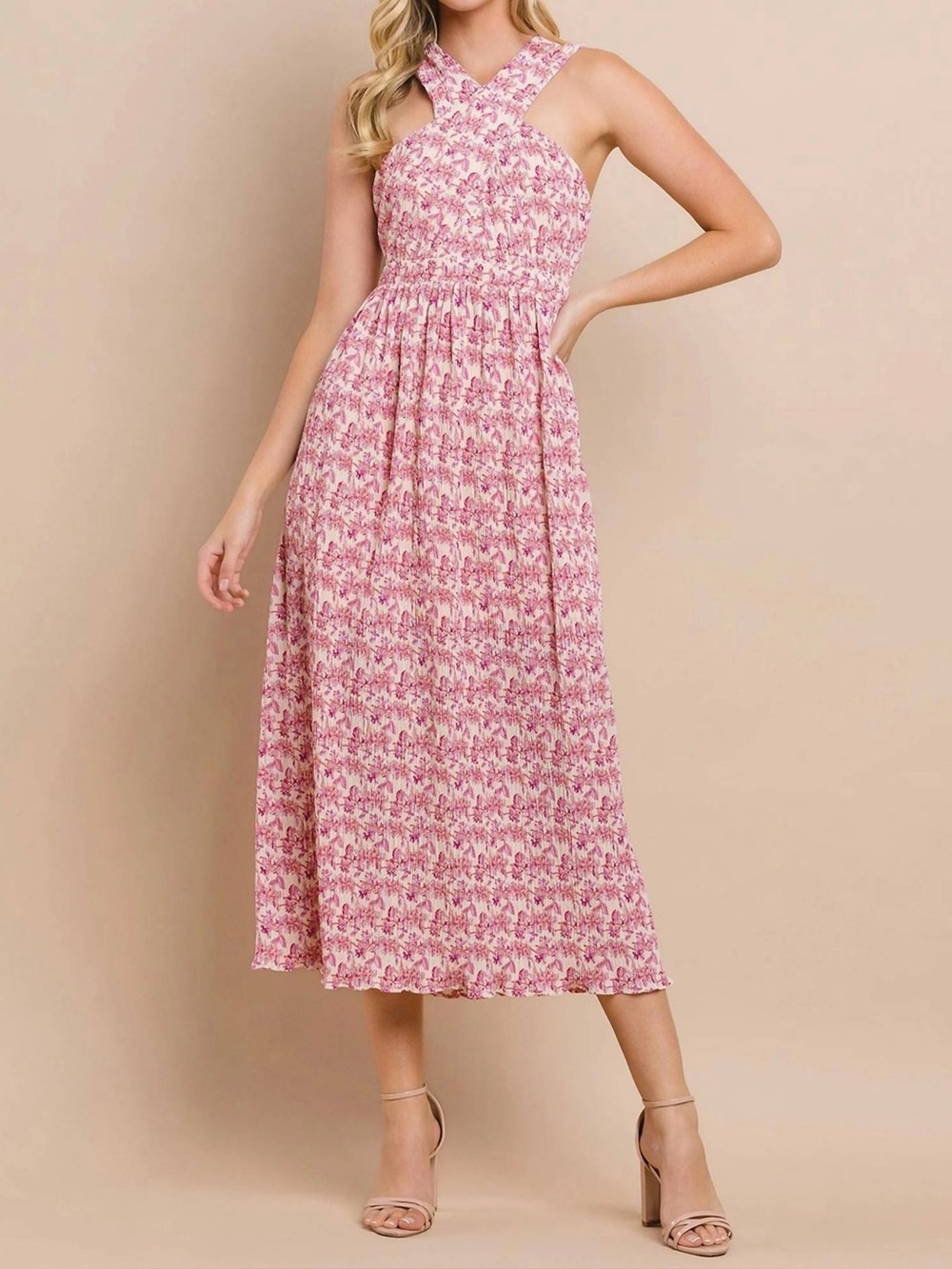 TCEC Crossover Floral Pleated Pink Midi Dress Halter Style